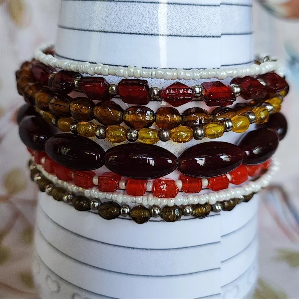 Oversized White Seed Bead Topaz Garnet Color Orange Beaded Memory Wire Bracelet